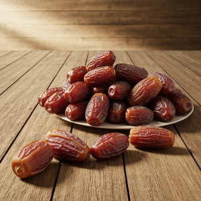 Assortment of premium dates on a rustic wooden table