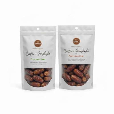 Custom printed packaging for dates with a visible brand logo