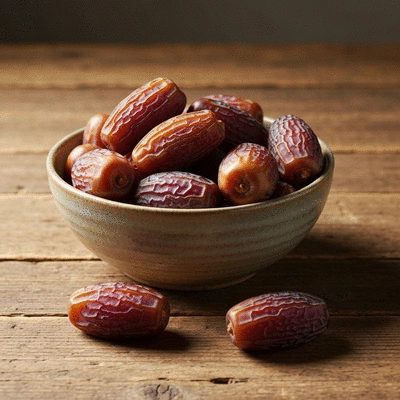 Bowl of fresh dates on a wooden table, healthy snack for pregnant women, no text, no words, no typography, clean image