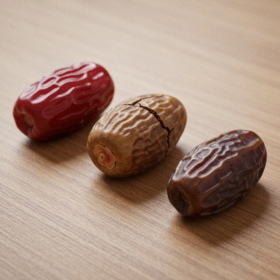 Close-up of three different types of dates on a clean wooden surface, showcasing their varied textures and colors, no text, no words, no typography, 8K