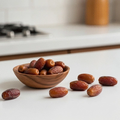 Fresh dates arranged on a clean kitchen counter
