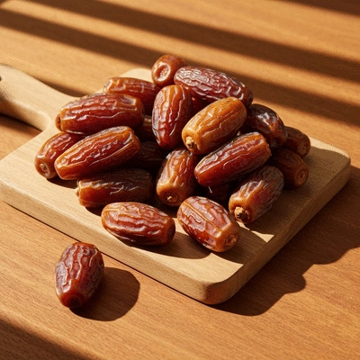 Assortment of premium Arabian dates on a rustic wooden board