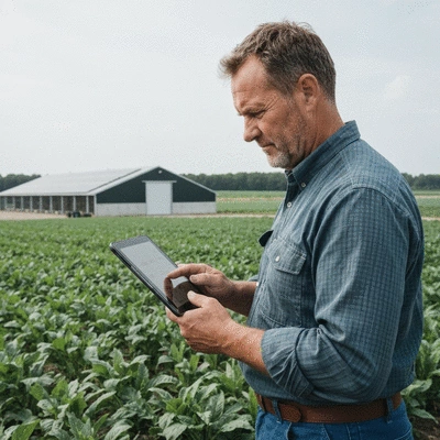 A farmer using a tablet to monitor crops, with a modern farm in the background, symbolizing technology integration in agriculture, no text, no words, no typography, no labels, clean image