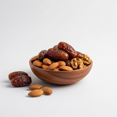 Healthy snack of dates and nuts, emphasizing natural ingredients for a balanced diet