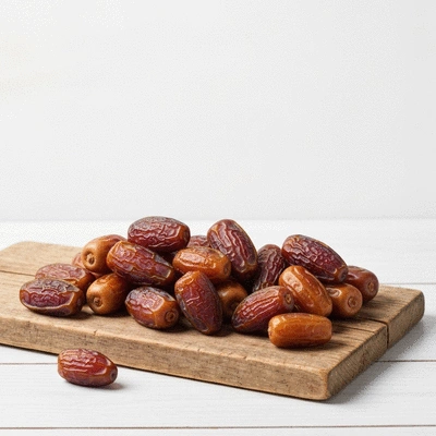 Variety of premium dates arranged artfully on a wooden board