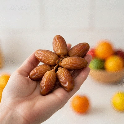 A hand holding several fresh dates, showcasing their natural texture and rich color, with a blurred background of a healthy kitchen counter, no text, no words, no typography, 8K