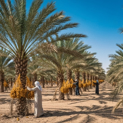 Date farm workers harvesting dates from palm trees