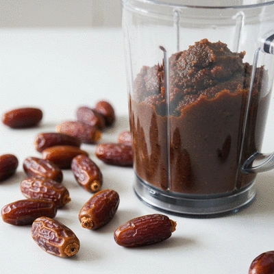 Close-up of date paste being prepared in a blender, with whole dates nearby