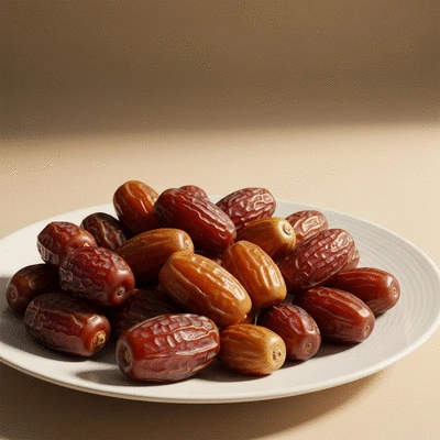 Dates arranged artfully on a white plate with a warm, soft background