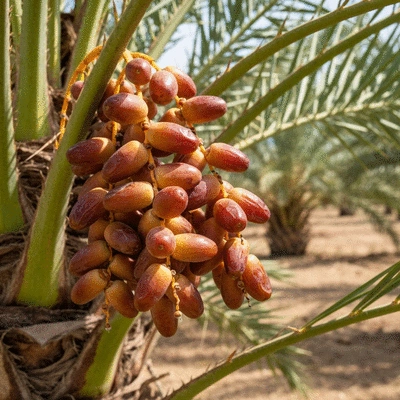 Close-up of ripe dates on a palm tree branch in a sunny Middle Eastern orchard