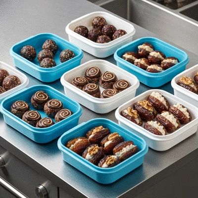 A variety of date snacks, including energy balls and stuffed dates, neatly arranged in meal prep containers on a kitchen counter, no text, no words, no typography, no labels, clean image