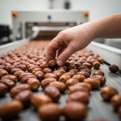Hand sorting high-quality dates on a conveyor belt in a processing facility