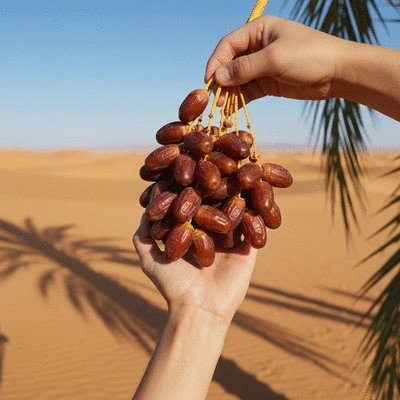 Close-up of a hand holding a cluster of ripe dates on a palm tree branch, with a blurred desert landscape in the background, clean image