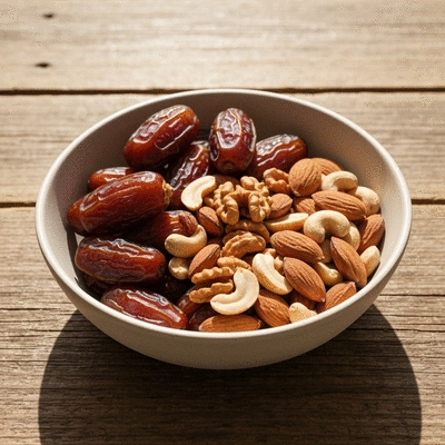 Bowl of fresh dates with nuts on a rustic wooden table, healthy snack, natural light