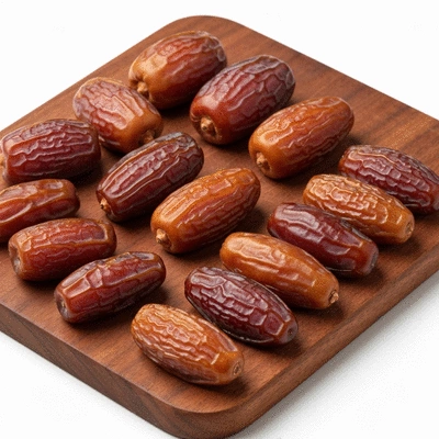 Assortment of premium Medjool and Deglet Noor dates on a rustic wooden board, showcasing their different sizes and textures