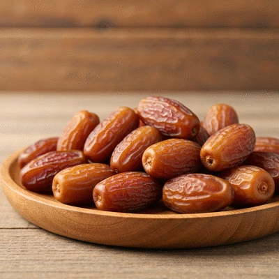 Close-up of fresh organic dates on a wooden platter with a rustic background