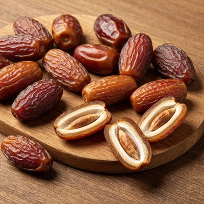 Assortment of premium dates on a wooden board