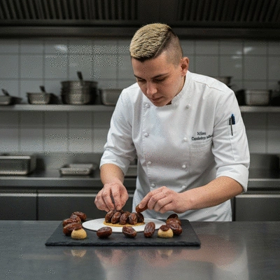 Chef preparing a dish with dates in a professional kitchen