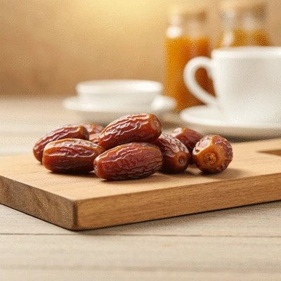 Assortment of fresh dates on a rustic wooden board with a blurred breakfast setting in the background