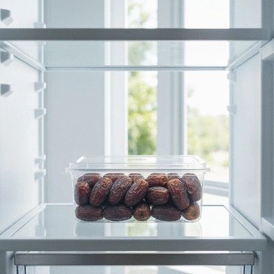 Fresh dates stored in an airtight container in a refrigerator