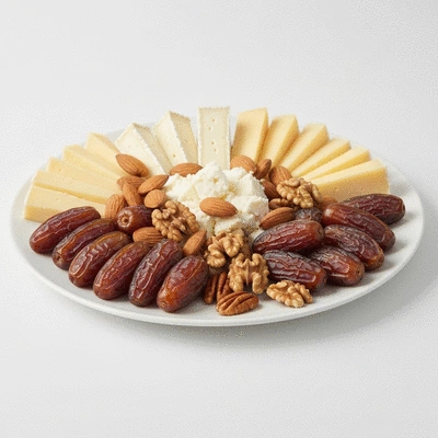 A beautifully arranged platter of Medjool dates, various cheeses, and assorted nuts, ready for serving.