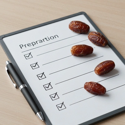 A checklist on a clipboard with a pen, surrounded by various types of dates