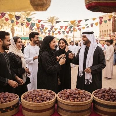 People celebrating at a date festival, vibrant and cultural