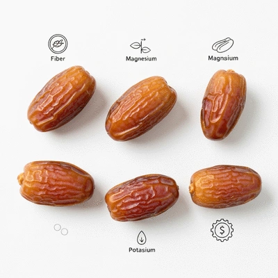 Assortment of fresh dates with nutrient labels like fiber, magnesium, and potassium, on a clean background
