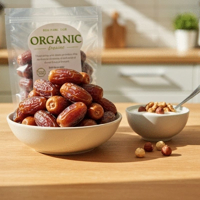 Bowl of fresh dates with a healthy breakfast setting