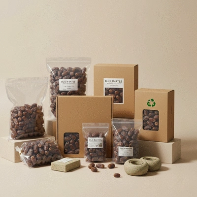 Variety of bulk dates packaging solutions, including clear bags, boxes, and sustainable options, arranged neatly on a light background, no text, no words, no typography, 8K