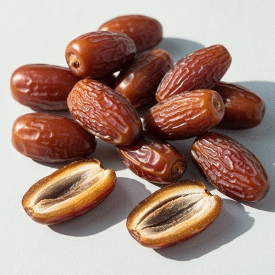 Variety of fresh dates, some whole, some sliced, showcasing their texture and natural sugars