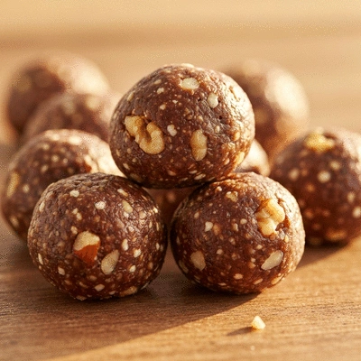 Close-up of date nut energy bites on a wooden board, healthy and appealing