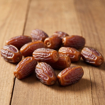 Close up of Mabroom dates scattered on a rustic wooden table, highlighting their texture and color, no text, no words, no typography, 8K