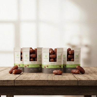 Premium dates in eco-friendly packaging on a wooden table