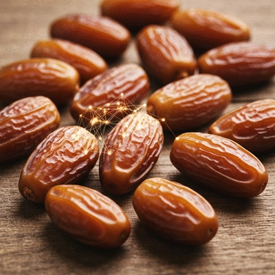 Close-up of dates on a wooden surface with subtle brain graphic overlay