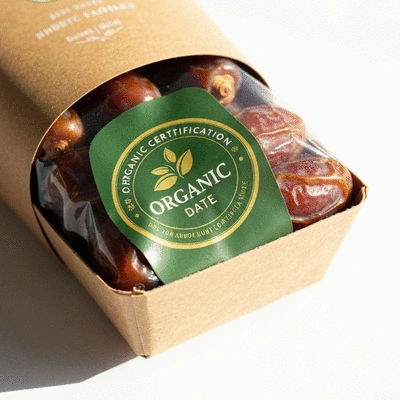 Organic certification label on a package of dates