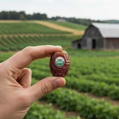 Close-up of a hand holding a date with a small 'USDA Organic' label on a blurred farm background, no text, no words, no typography, clean image