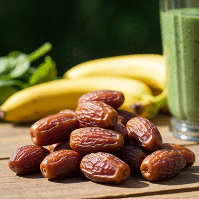 Close-up of Medjool dates on a rustic wooden surface, with a blurred background of smoothie ingredients like bananas and spinach