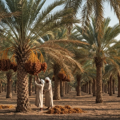 Farmers harvesting dates from palm trees in a Middle Eastern farm