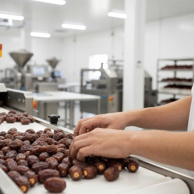 Hand sorting dates on a conveyor belt in a processing facility