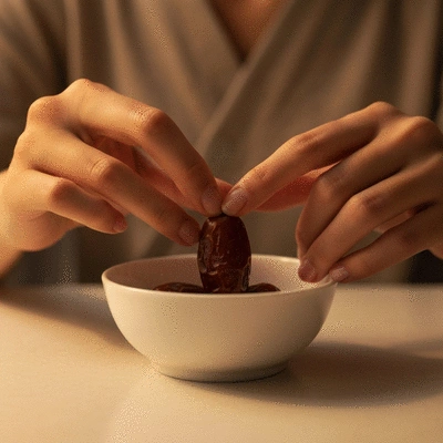 Person eating dates as a healthy evening snack, promoting restful sleep