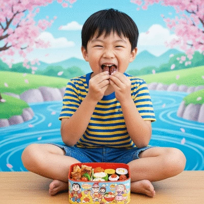 Child happily eating a date-based snack from a colorful lunchbox