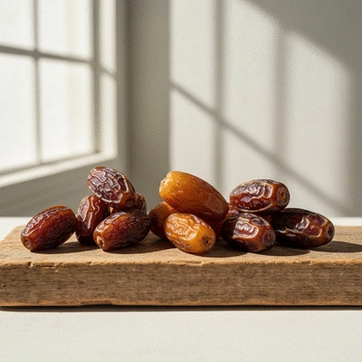 Assortment of different date varieties on a rustic wooden board