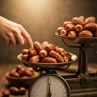 Close-up of various dates being weighed on a rustic scale, symbolizing bulk purchasing, no text, no words, no typography, clean image