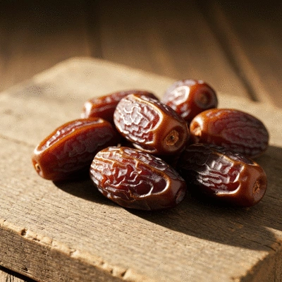 Close-up of fresh, plump Medjool dates on a rustic wooden board, natural lighting, soft focus background