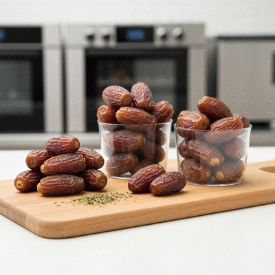 Variety of fresh dates in airtight containers on a kitchen counter
