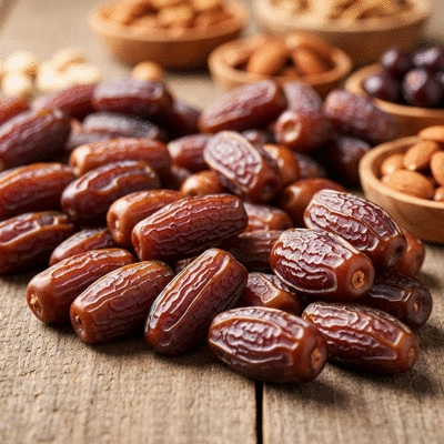 Close-up of various dates on a wooden board with healthy snacks in the background