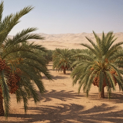 Safawi dates being cultivated in a date palm grove in a desert region, illustrating global expansion