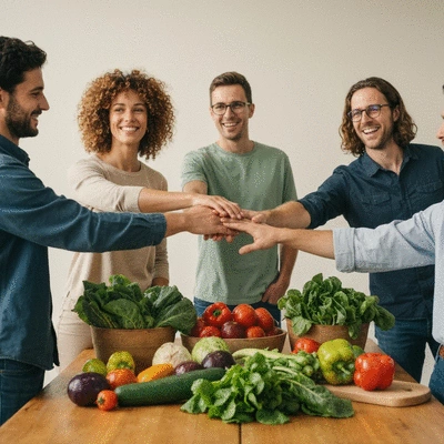 Farmers and business owners shaking hands over a table with fresh produce, symbolizing trust and partnership in agriculture, no text, no words, no typography, no labels, clean image