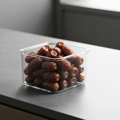 Airtight container filled with fresh, high-quality dates for storage